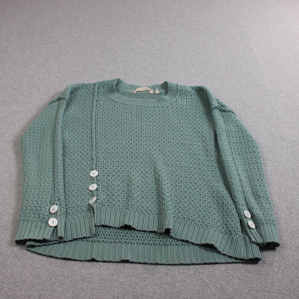 Soft Surroundings Sweater Women Medium Green Open Knit Side Button Hem Lagenlook